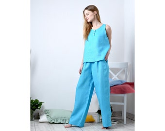 Wide leg pants - linen pants for women, Palazzo pants with pockets - baggy pants, Custom pants various length: culottes or full length