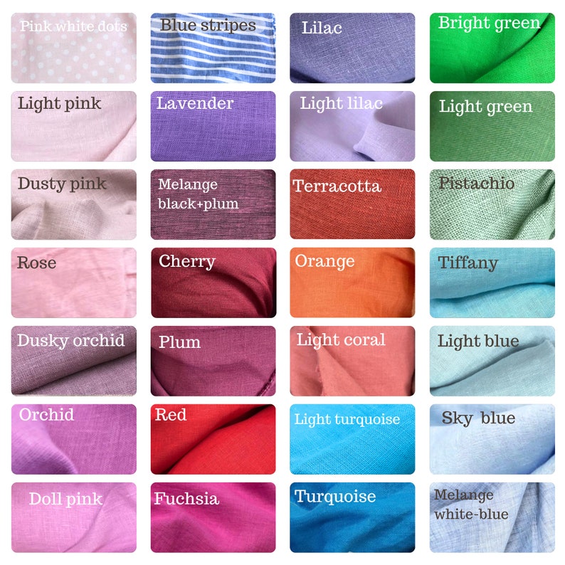 May include: A color chart of fabric swatches with names for each color, including pink white dots, blue stripes, lilac, bright green, light pink, lavender, light lilac, light green, dusty pink, melange black+plum, terracotta, pistachio, rose, cherry, orange, tiffany, dusky orchid, plum, light coral, light blue, orchid, red, light turquoise, sky blue, doll pink, fuchsia, turquoise, and melange white-blue.