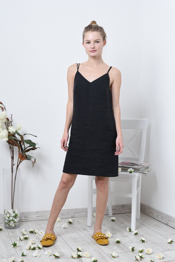 Black linen dress / linen slip dress 