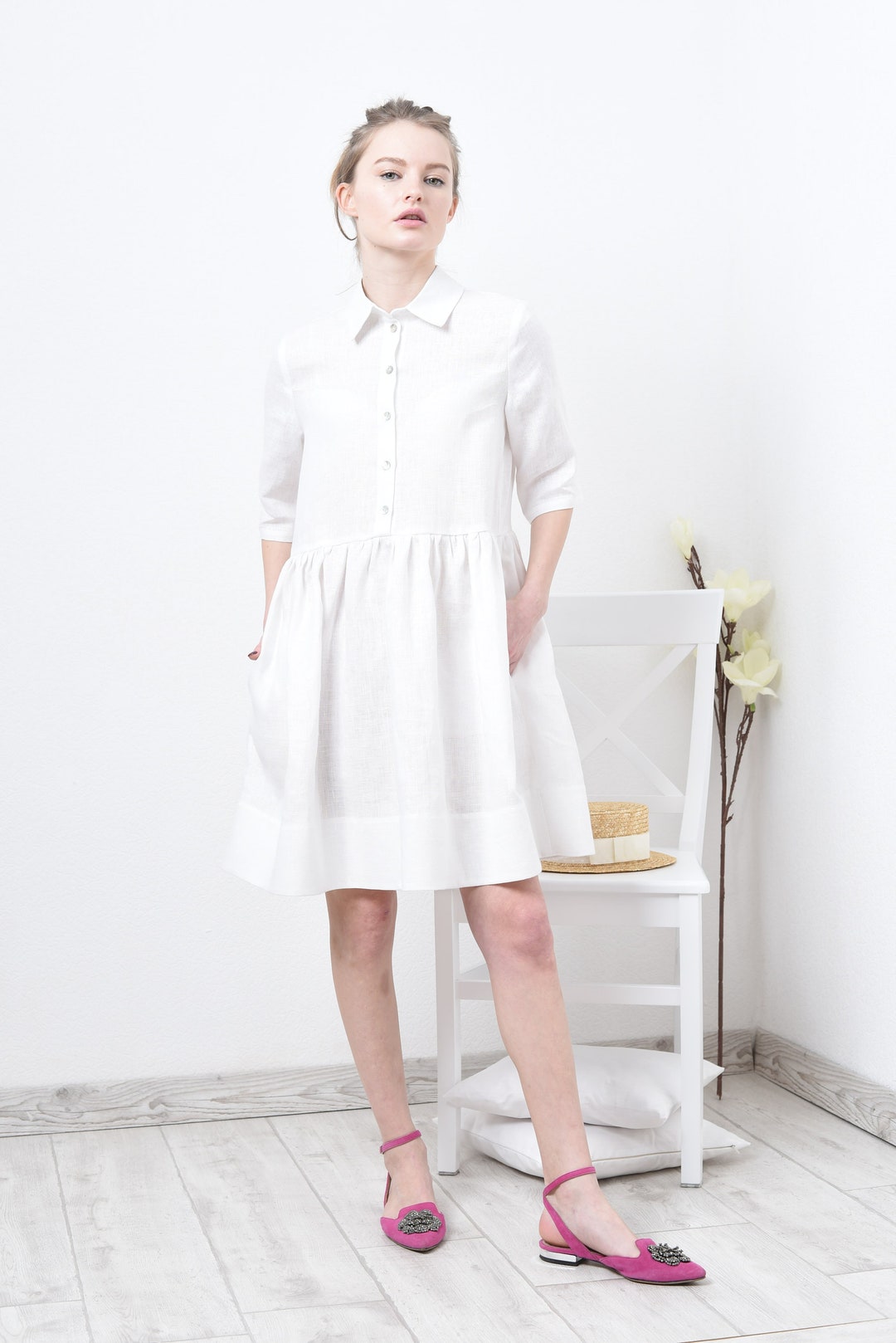White Linen Shirt Dress Button Front | Short Sleeve Collared Smock Dress with Pockets White Linen Shirt Dress Button Front | Short Sleeve Collared Smock Dress with Pockets