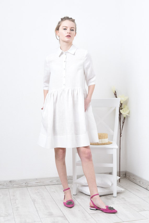 white short sleeve smock dress White Linen Shirt Dress Button Front