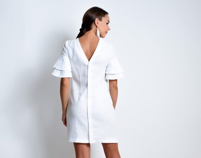 Linen white dress with v back and back button up. Short dress for women. Mini dress - elegant white dress.