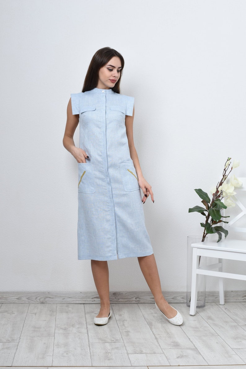 Light blue shirt dress - midi dress with pockets. Casual sleeveless dress - shift midi dress with button closure. Linen Shirt dress for women.