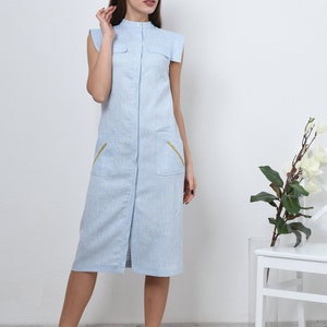 Light blue shirt dress - midi dress with pockets. Casual sleeveless dress - shift midi dress with button closure. Linen Shirt dress for women.