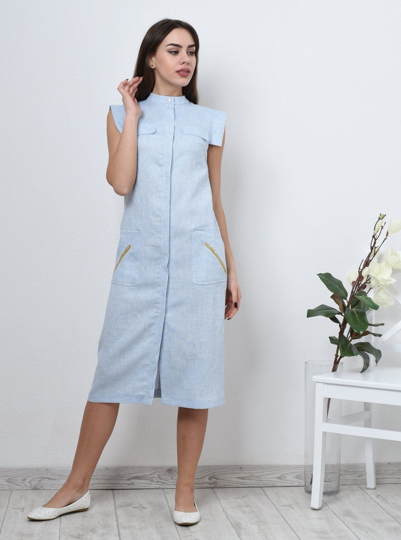 Light blue shirt dress - midi dress with pockets. Casual sleeveless dress - shift midi dress with button closure. Linen Shirt dress for women.