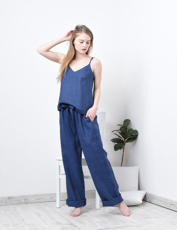 Casual Linen Suit for Women Wide Leg Pants Set Summer Linen Pant Suit 