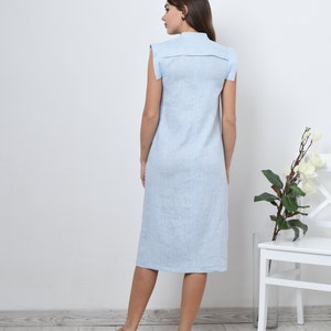 Light blue shirt dress - midi dress with pockets. Casual sleeveless dress - shift midi dress with button closure. Linen Shirt dress for women.