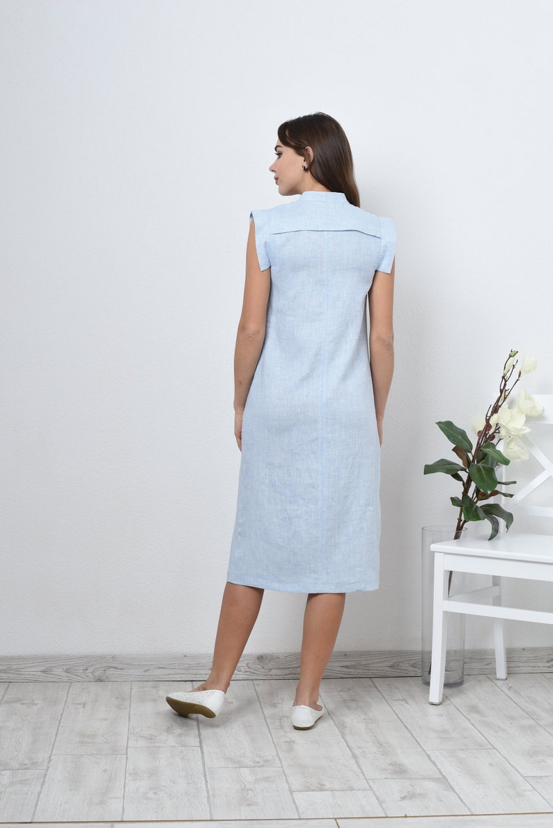 Light blue shirt dress - midi dress with pockets. Casual sleeveless dress - shift midi dress with button closure. Linen Shirt dress for women.