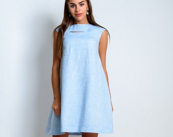 Handmade Linen A-Line Dress: Sleeveless Trapeze Dress with Pockets