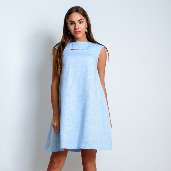 Robe trapèze en lin | Robe trapèze d'été pour femme | Robe ample bio avec poches | Robe à col en V | Robe en lin élégante