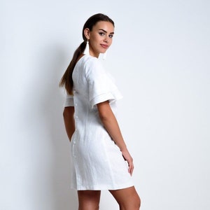 Linen white dress with v back and back button up. Short dress for women. Mini dress - elegant white dress.