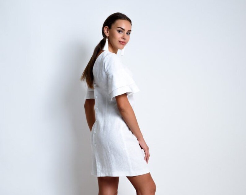 Linen white dress with v back and back button up. Short dress for women. Mini dress - elegant white dress.