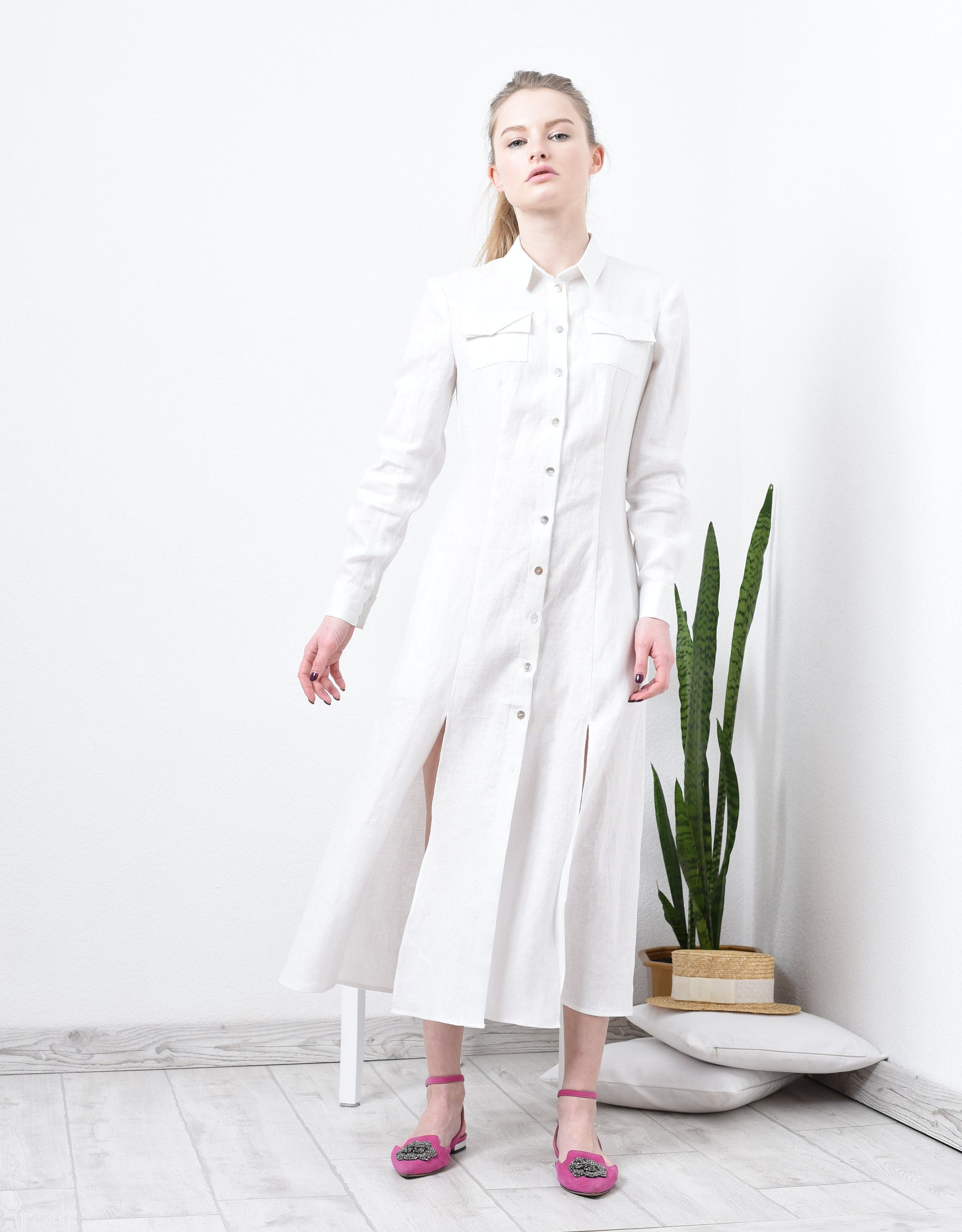 white linen dress with belt