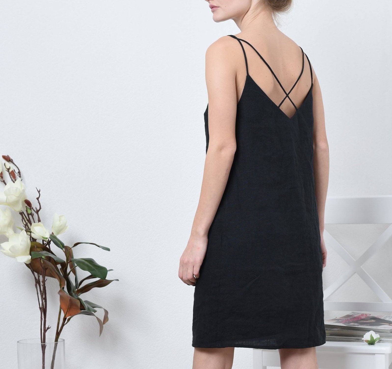 chinese dress ladies Black Linen Midi Slip Dress With Spaghetti Straps