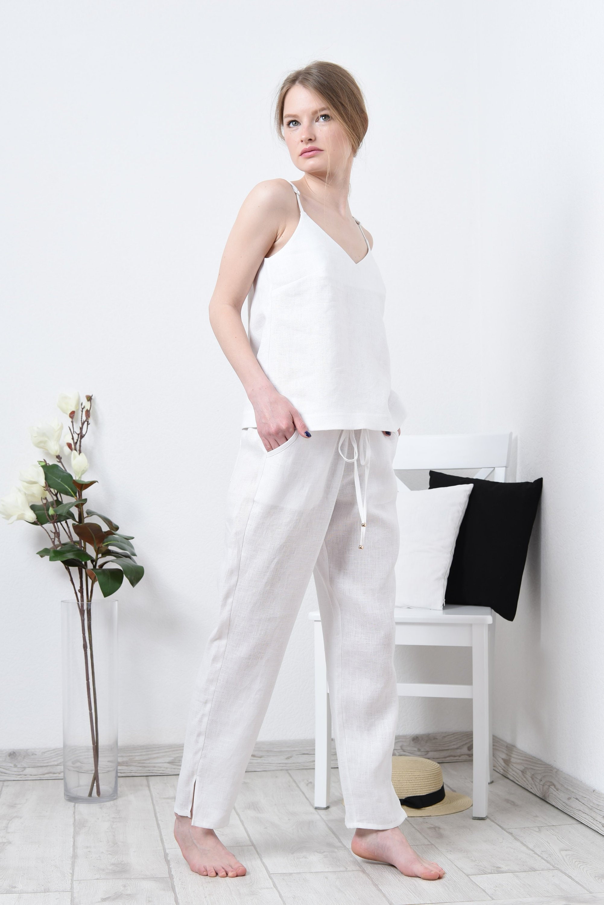 ladies white linen trouser suit