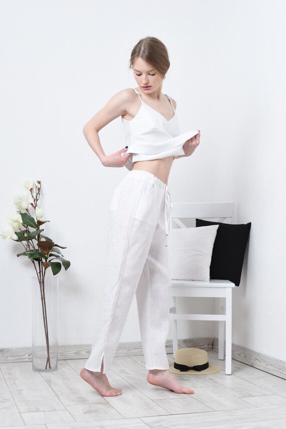 White Linen Everyday Pants With Ties and Pockets Linen Casual - Etsy