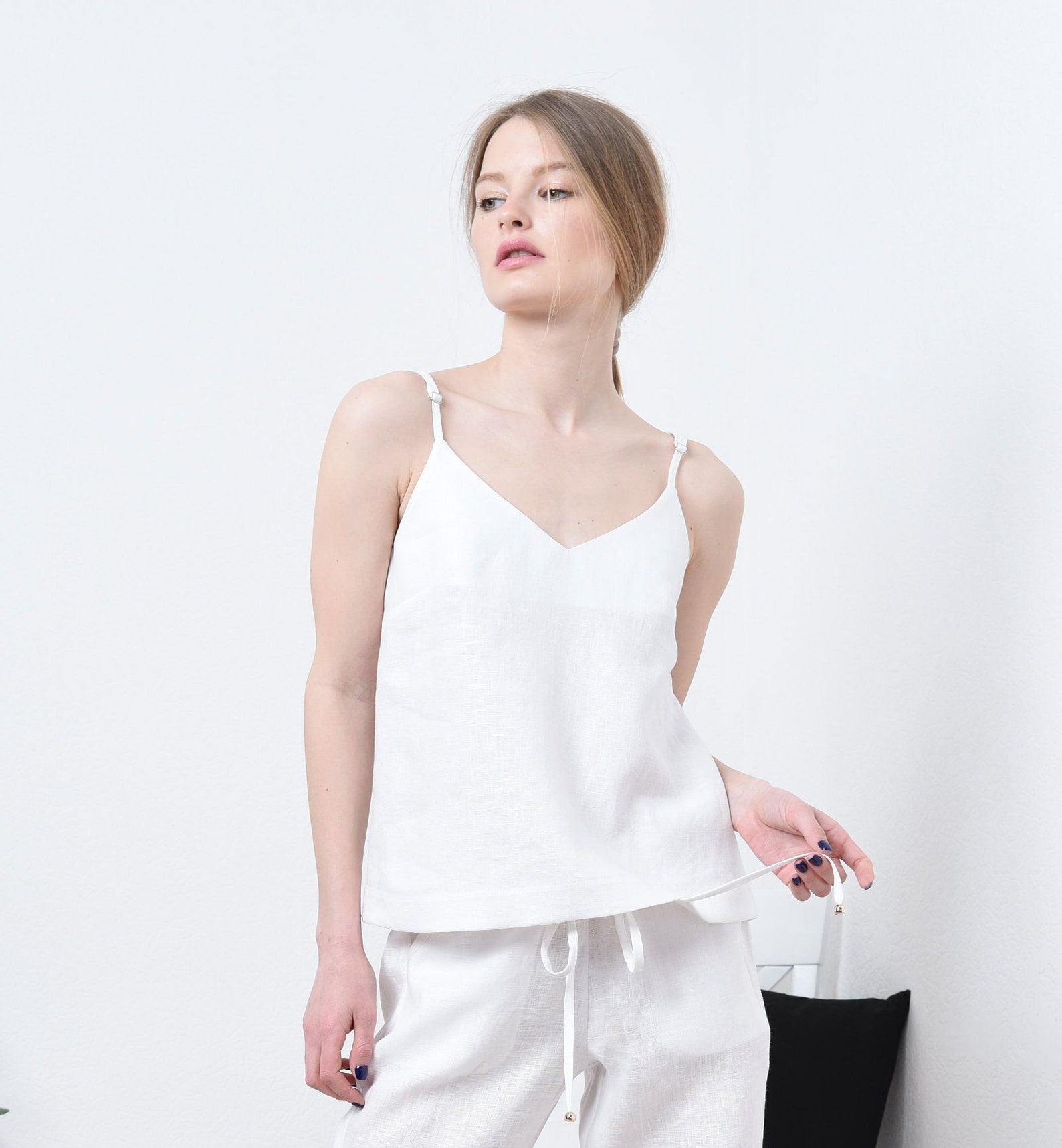 ladies white linen trouser suit