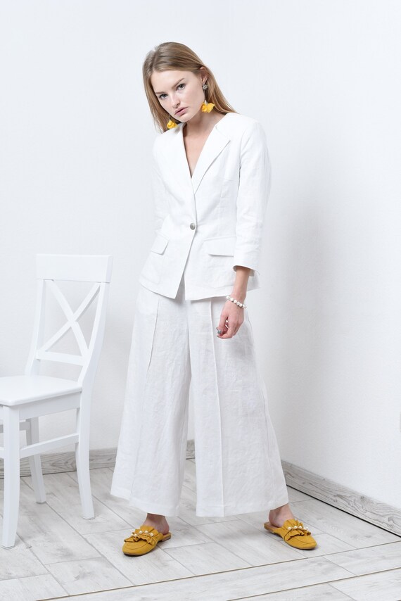 White linen pants for women linen culottes or full length | Etsy