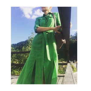 Split hem linen shirt dress, Fitted maxi dress with belt, Long sleeve button down dress, Collared linen shirt dress