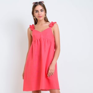Babydoll Linen Summer Dress | Empire Waist Ruffle Strap Dress | Flowy Red Sundress