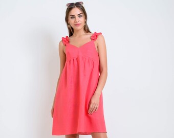 Babydoll Linen Summer Dress | Empire Waist Ruffle Strap Dress | Flowy Red Sundress