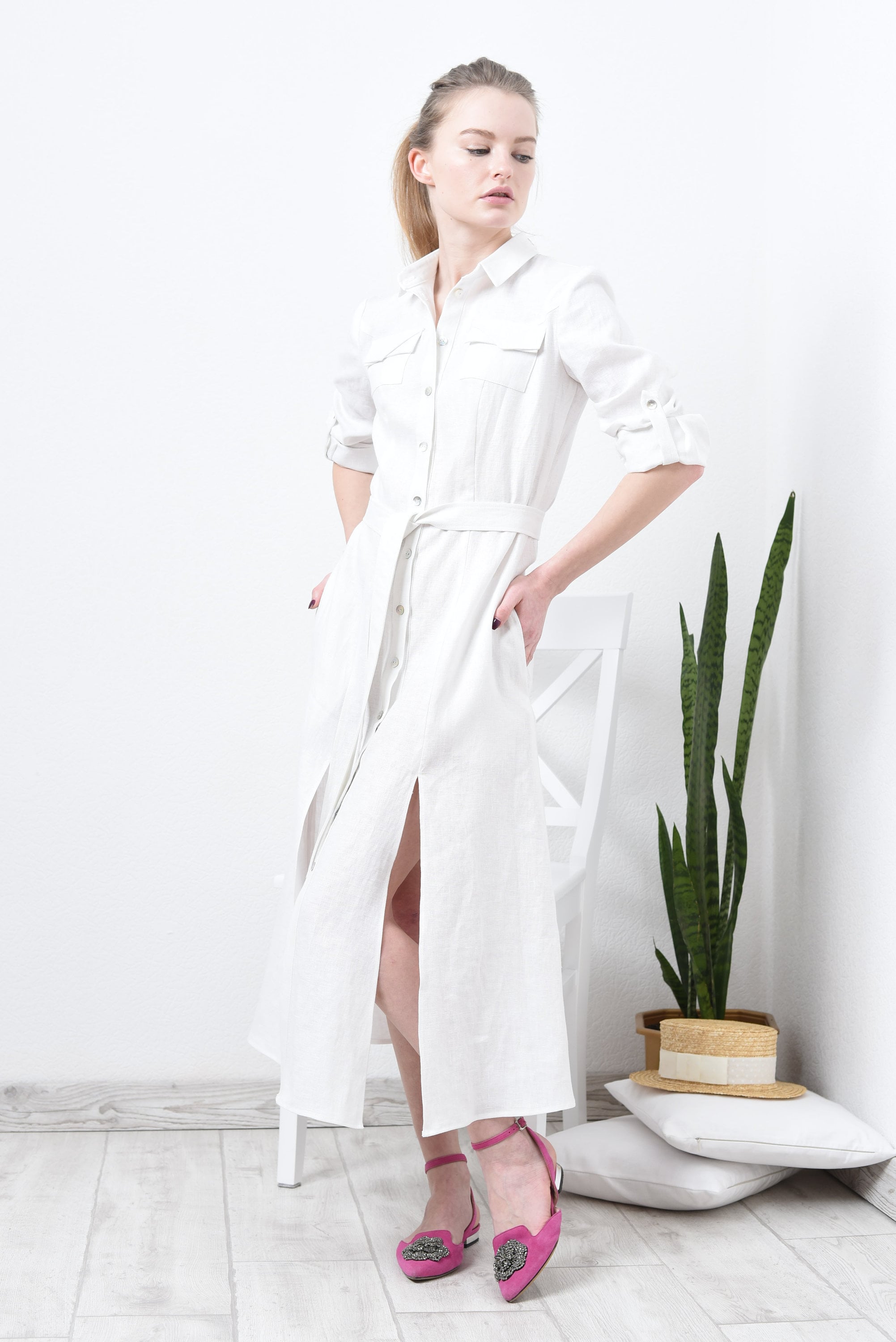 White Linen Shirt Dress Belted Casual Shirtdress With Split Etsy — free download