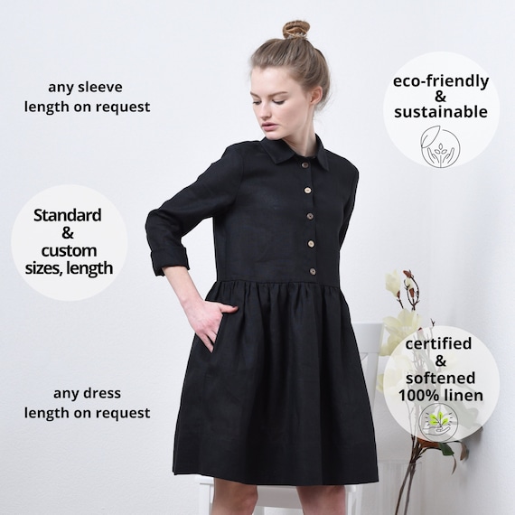 Black Linen Shirt Dress: Long Sleeve Smock Dress with Pockets