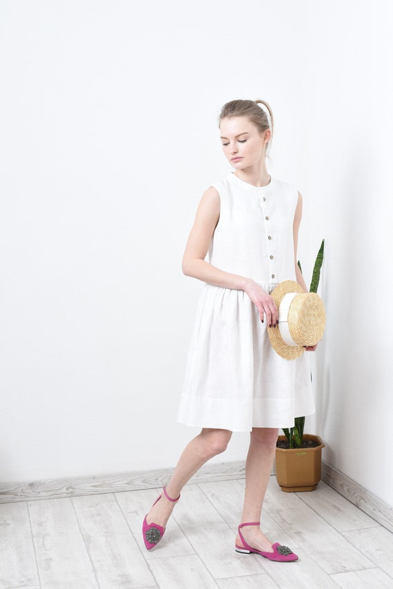 Linen White Dress - Smock Linen Shirt Dress, Loose Linen Dress - Button  Down Midi Shirt Dress, Sleeveless Summer Collarless Shirt Dress - Etsy