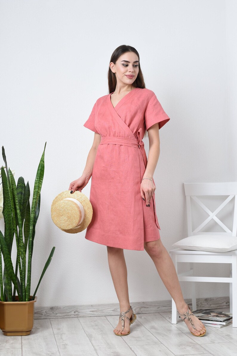 Linen wrap dress, Linen dress with pockets, Casual summer dress image 1