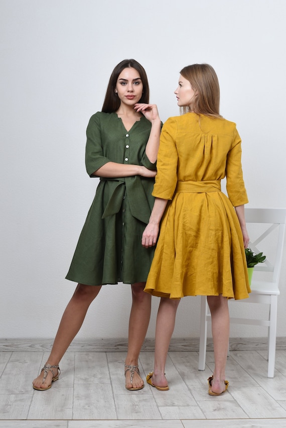 Linen Shirt Dress: 3/4 Sleeve Button-Down Belted Dress Linen Shirt Dress: 3/4 Sleeve Button-Down Belted Dress