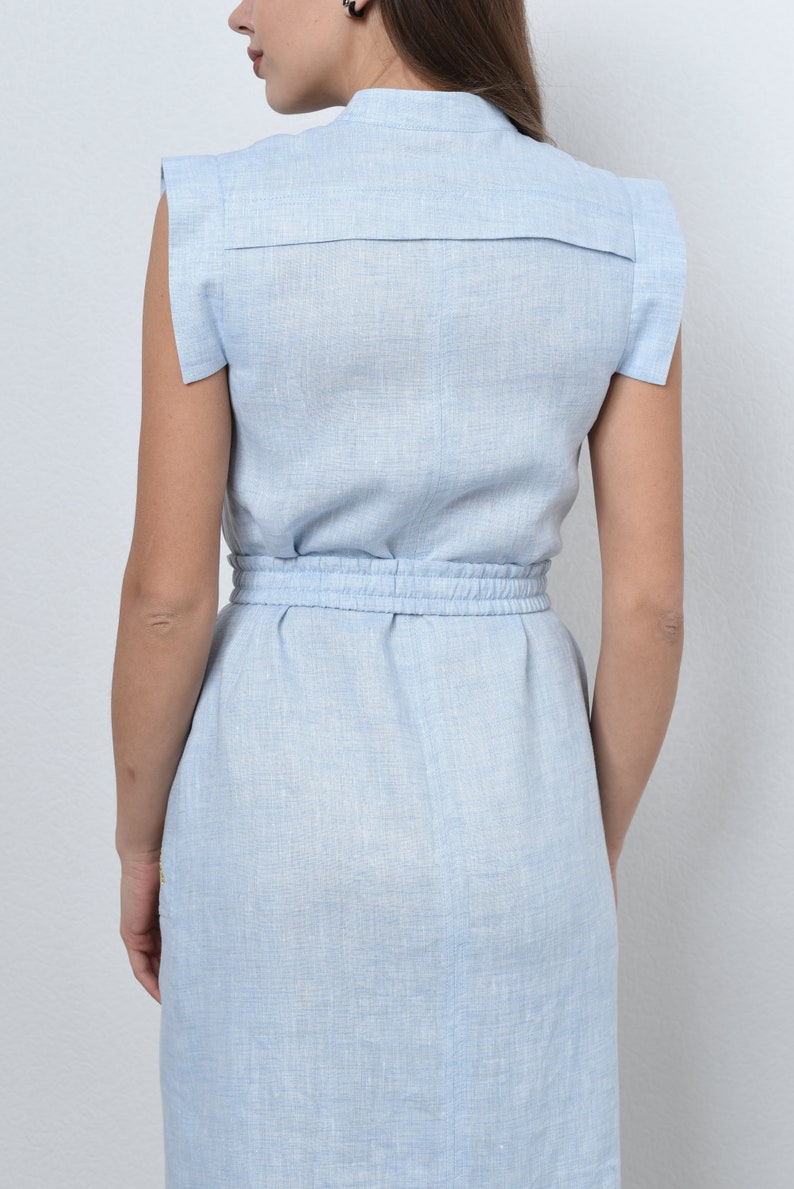 Light blue shirt dress - midi dress with pockets. Casual sleeveless dress - shift midi dress with button closure. Linen Shirt dress for women.