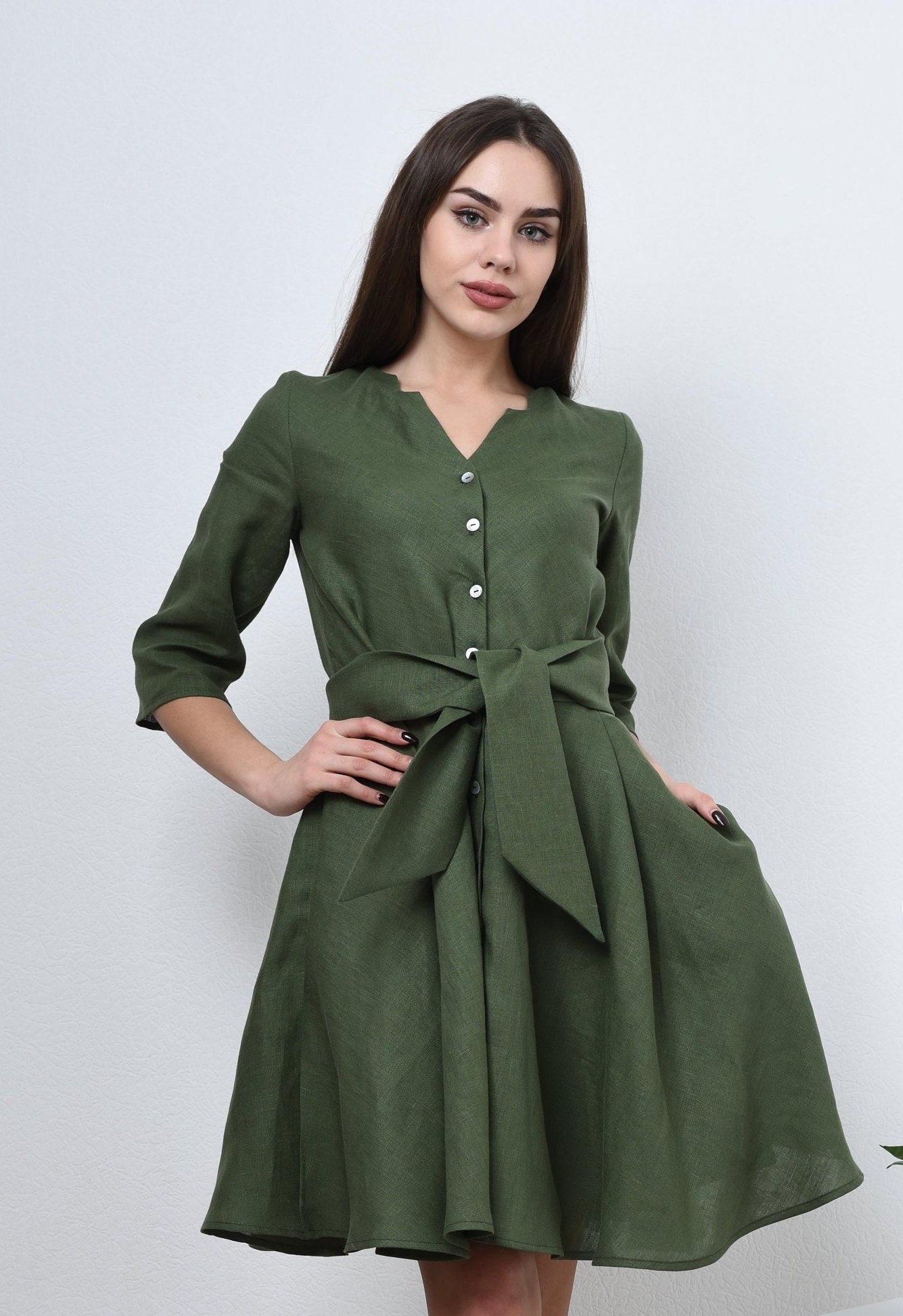 LINEN DRESS MEGAN. Green linen dress. Linen shirt dress | Etsy