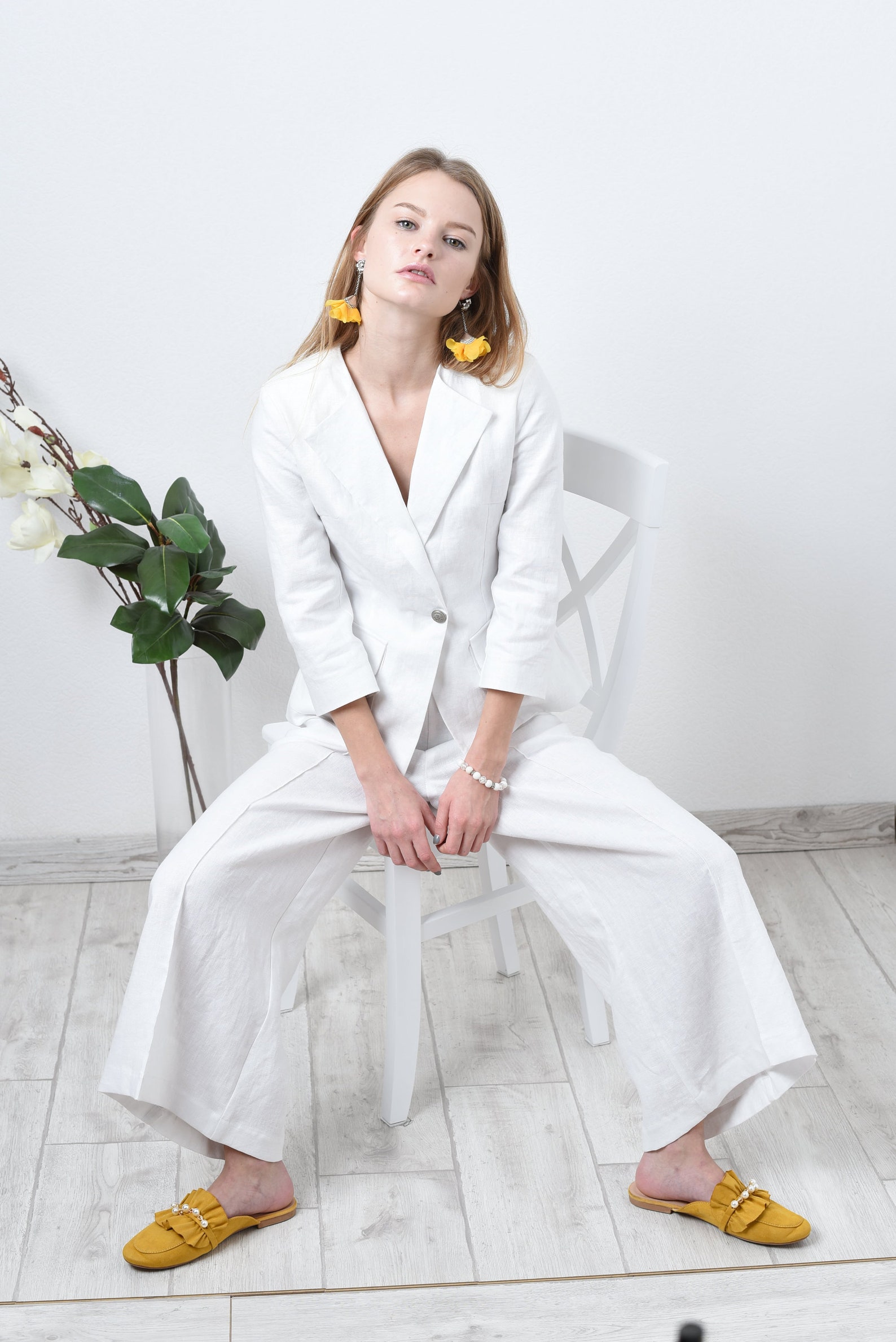 White linen pants and jacket suit / linen set/ linen suit/ Etsy