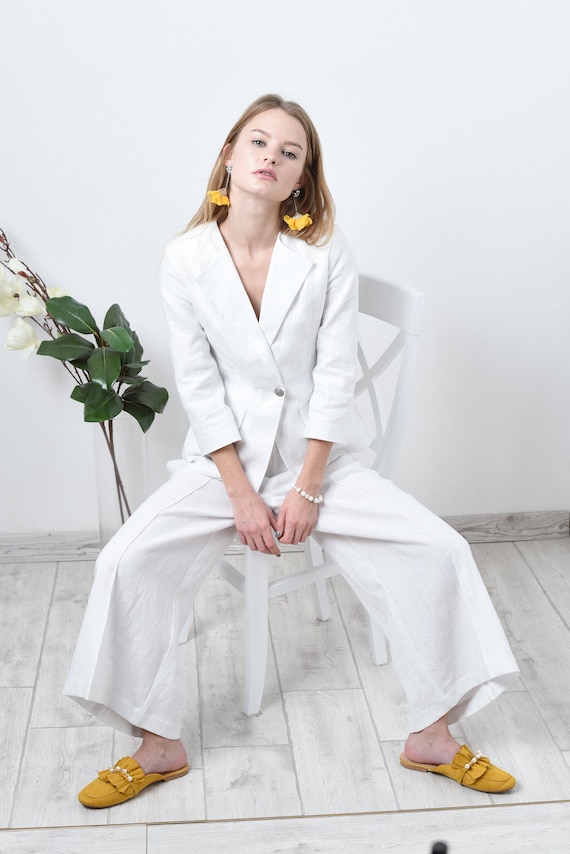 white linen womens pant suit