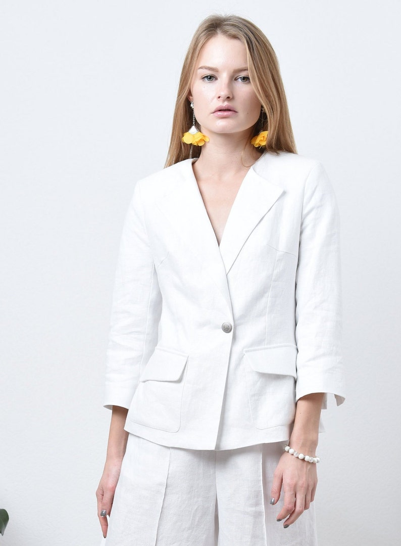 One button women jacket/ White blazer women/ white linen Etsy