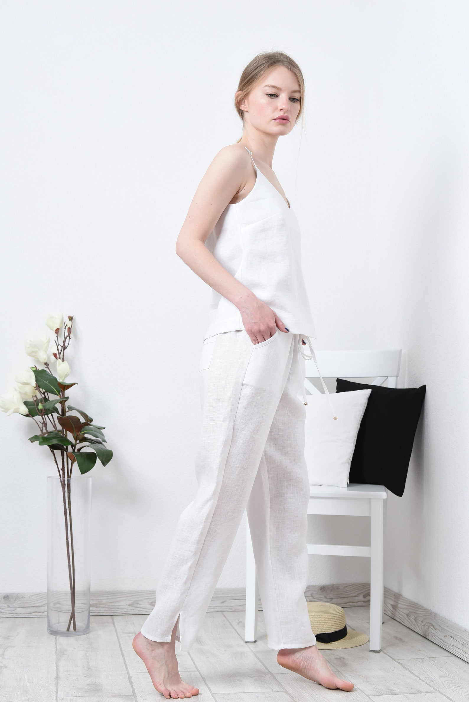 White Linen suit for women Twopiece linen pant suit for Etsy