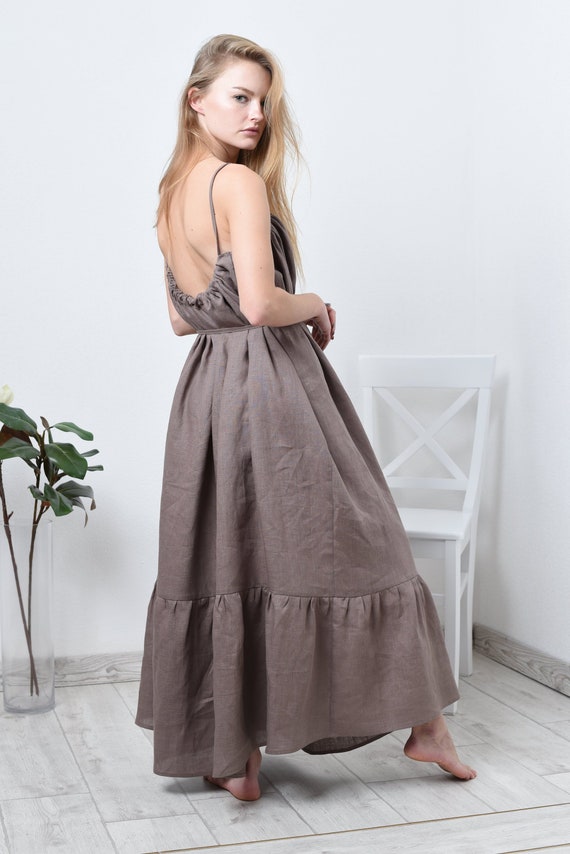 linen ruffle maxi dress Linen Maxi Dress: Open Back Sundress with Ruffle Hem