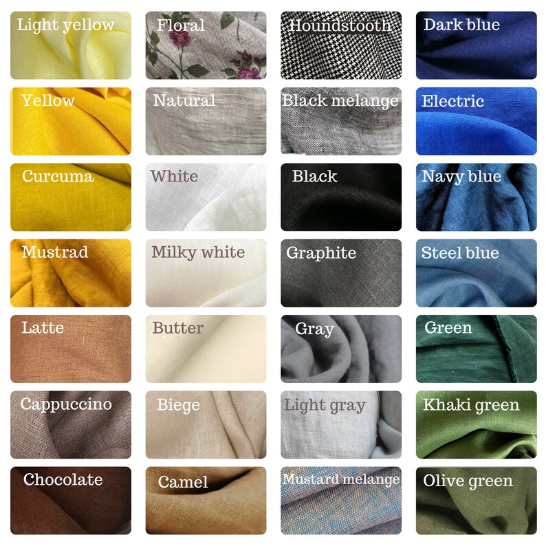 May include: A color chart of fabric swatches with names for each color. The colors include light yellow, yellow, curcuma, mustard, latte, cappuccino, chocolate, floral, natural, white, milky white, butter, beige, camel, houndstooth, black melange, black, graphite, gray, light gray, mustard melange, dark blue, electric, navy blue, steel blue, green, khaki green, and olive green.