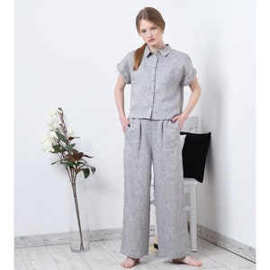 Linen  pants palazzo , Flax casual loose fit pants, Organic High Waist wide leg pants, Linen trousers with ties, Custom pants