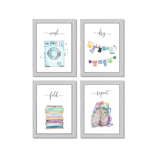 Utility Room Set of 4 Prints Wash Dry Repeat Laundry Posters Kitchen A4 Unframed
