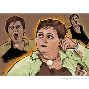 May include: A digital illustration of a woman with short brown hair, wearing a green shirt and a necklace with a large pendant. The woman is looking to the right, with a surprised expression on her face. The background is a light brown colour.