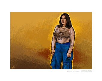May include: A woman with long dark hair is wearing a sheer top with a floral design and blue jeans with cargo pockets. The background is a yellow-orange color.
