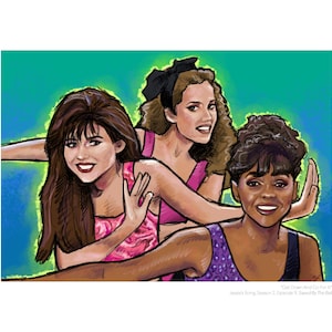May include: An illustration of three women in colorful tops, set against a vibrant green and blue background. The artwork features a retro style, with the text "Get Down And Go For It" and "Jessie's Song Season 2 Episode 7 Saved By The Bell".