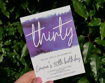 Purple watercolour printable birthday invite - 30th, 40th, 50th, 21st, 18th