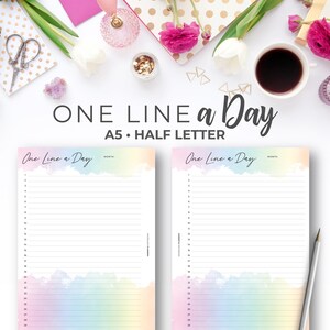 A5 y media letra Una línea al día Inserto de diario / Páginas imprimibles del planificador diario de afirmación y reflexión del arco iris
