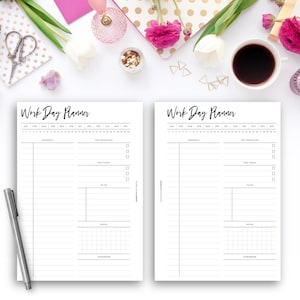 May include: Two white Work Day Planner sheets with black text, featuring sections for schedule, top priorities, to-do, and notes. A silver pen rests on the left. The image includes flowers, coffee, and decorative items.