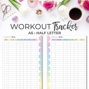 May include: A printable workout tracker in A5 and half letter sizes. The tracker has columns for date, exercise, time, distance, sets, reps, and notes. The tracker has a pastel rainbow colour scheme.