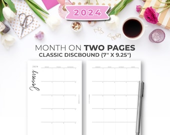 2024 Monthly Planner on 2 Pages Inserts for Classic Happy Planner | 2024 Minimal Printable Monthly Calendar Insert Classic Disc 7" X 9.25"