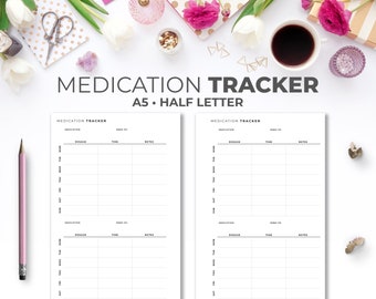 May include: Two printable medication tracker sheets in black and white. The sheets are labeled "Medication Tracker" and have columns for medication, dosage, time, and notes. The sheets are designed for A5 or half letter size paper.