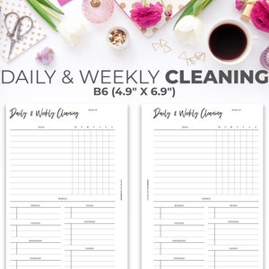 May include: A printable daily and weekly cleaning checklist in B6 size (4.9 inches by 6.9 inches). The checklist includes sections for daily tasks, weekly tasks, and a grid for tracking tasks by day of the week.